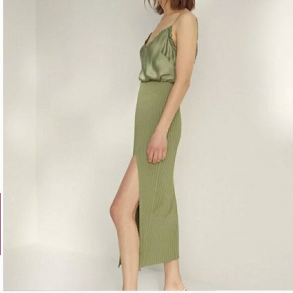 Aritzia Wilfred High-Rise Ribbed Knit High Slit Midi Skirt Sage Frost Green XS - Picture 2 of 7